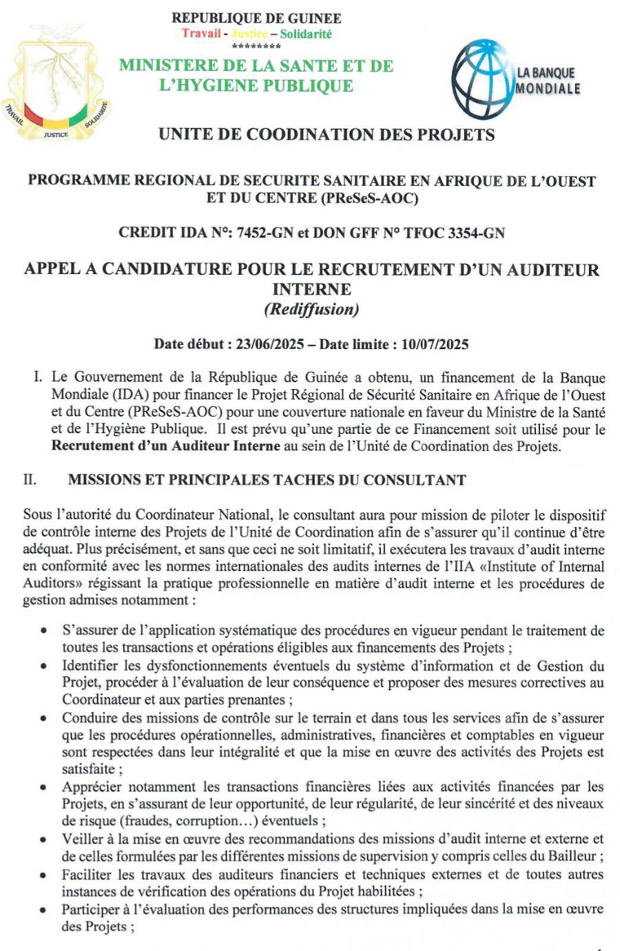 Appel a candidature pour le recrutement d’un auditeur interne | Page 1